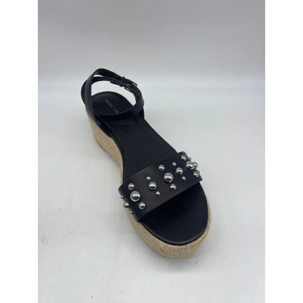 Marc Fisher Joyce Women Black Espadrille Studded Platform Slingback Sandal Size